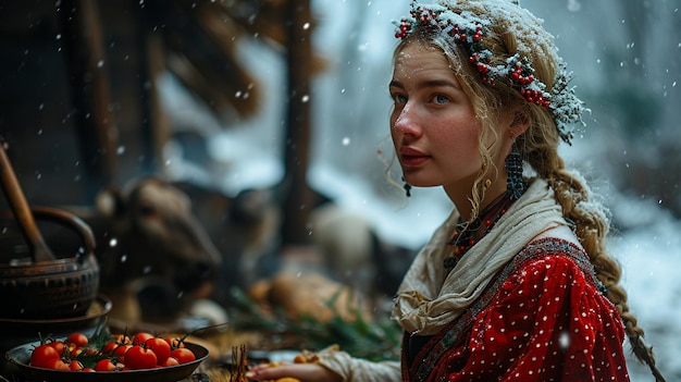 Una mujer eslava tradicional preparando comida durante un invierno duro