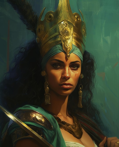 Una mujer con una espada y una corona en la cabeza.