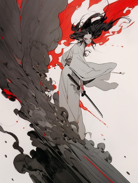 Una mujer con una espada se para frente a un fondo rojo y negro.
