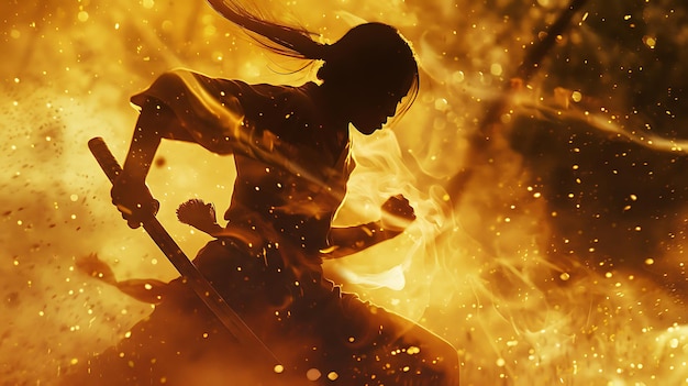 Foto una mujer con una espada en la mano está ardiendo frente a un fondo ardiente