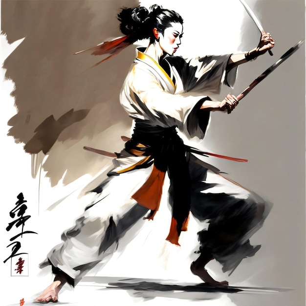 Una mujer con una espada en la mano viste un kimono blanco.