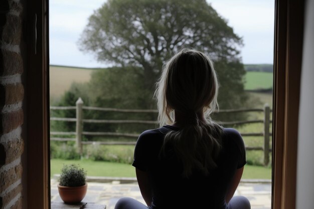 Una mujer de espaldas a la cámara mira el paisaje Meditación