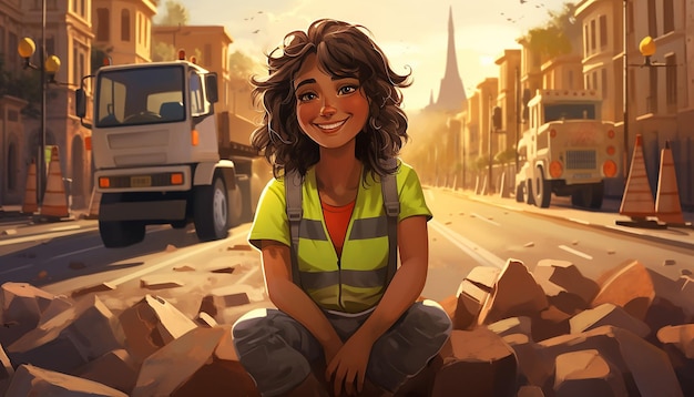 mujer española haciendo obras de carretera contratista sonriendo construcción de carreteras vehículos de construcción