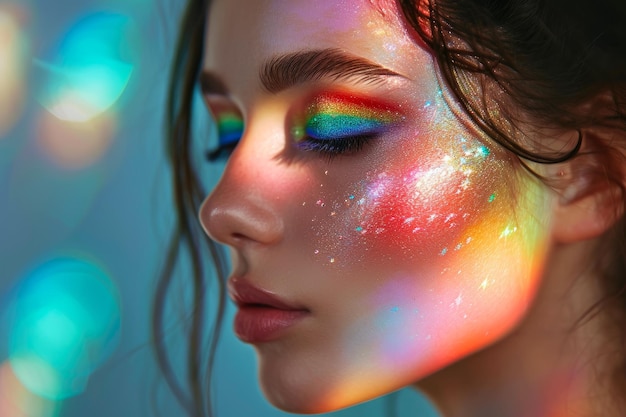 Mujer de espectro vibrante haciendo alarde de maquillaje de arcoíris