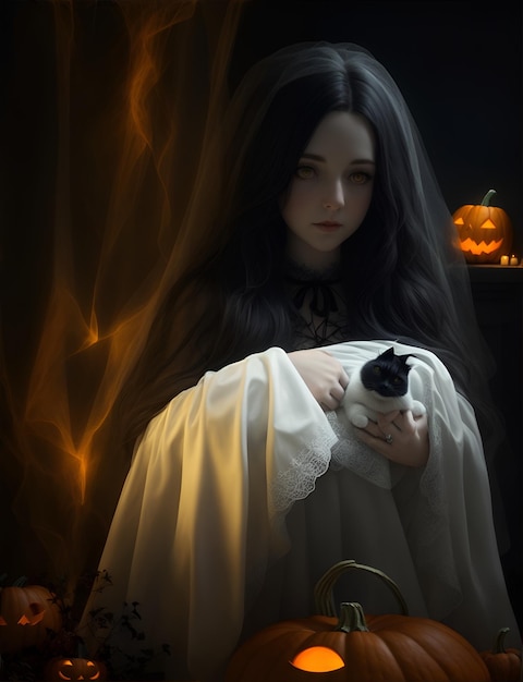 Foto mujer espeluznante con calabaza de halloween en lugar oscuro 05