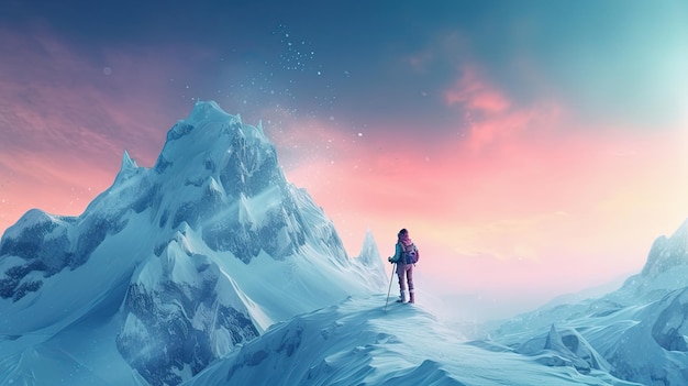 Mujer esquiando en una montaña cubierta de nieve Ilustración realista colorida Arte generativo de IA