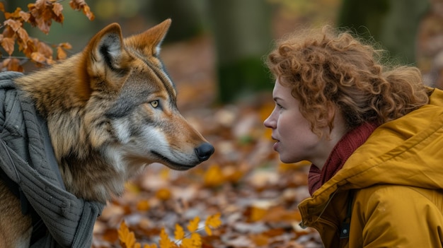 Una mujer está acariciando a un lobo.