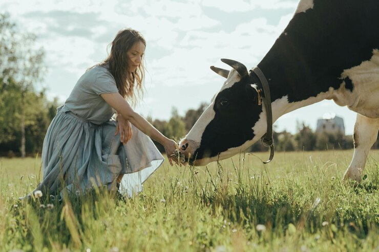 una mujer está acariciando una vaca en un campo