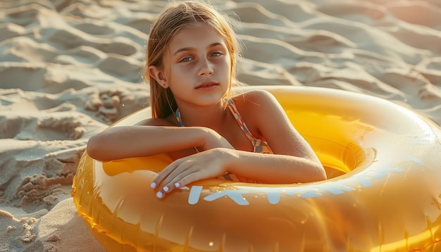 Una mujer está acostada en la playa con un anillo inflable azul y amarillo