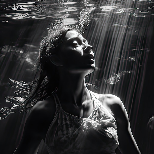 Una mujer está bajo el agua y mira a la cámara.