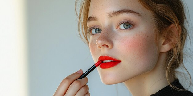una mujer está aplicando lápiz labial rojo con un pincel