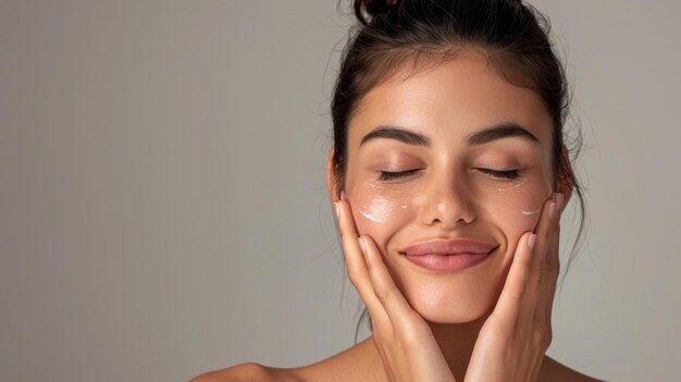 Una mujer se está aplicando maquillaje y sonriendo