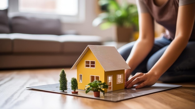 Una mujer está arreglando una casa modelo en una mesa