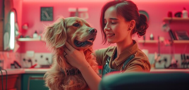 una mujer está arreglando a su perro en un salón