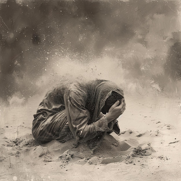 una mujer está arrodillada en la arena con la cabeza en la arena
