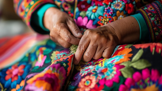 una mujer está atando una pieza de tela con un patrón floral