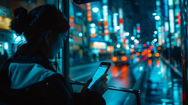 una mujer está en un autobús y usando su teléfono por la noche