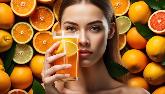 una mujer está bebiendo jugo de naranja de un vaso