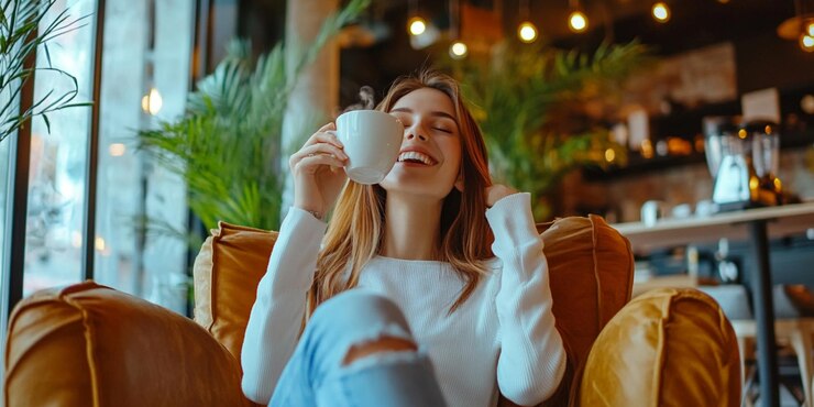 una mujer está bebiendo de una taza de café