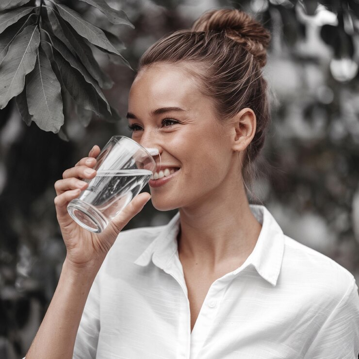 una mujer está bebiendo de un vaso con una camisa blanca que dice que está bebendo
