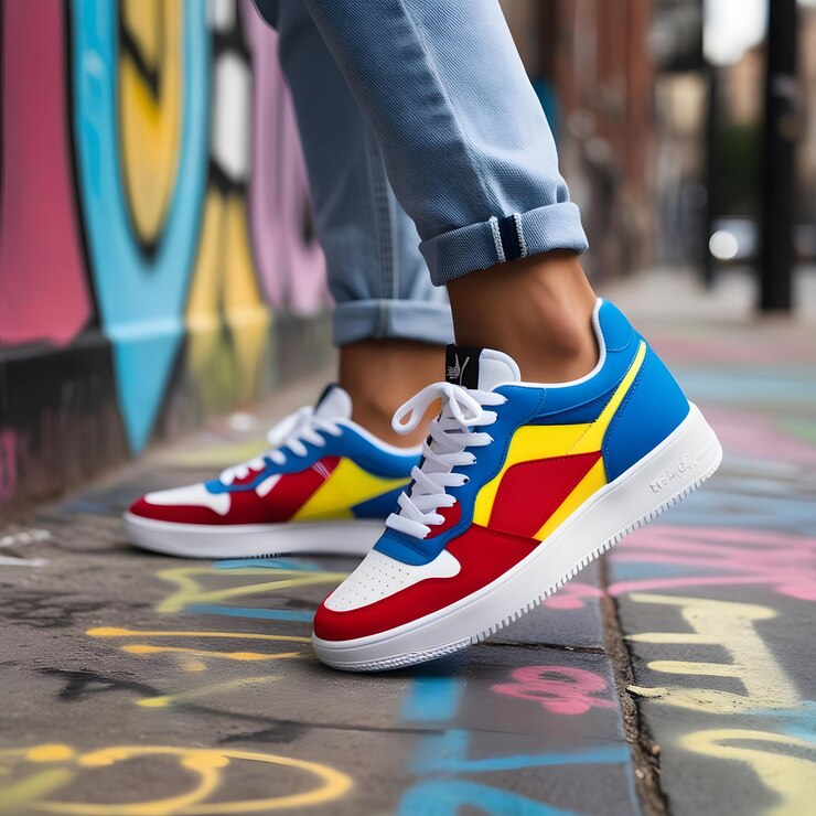 una mujer está caminando por una acera con zapatillas de deporte