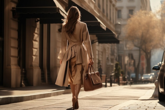 la mujer está caminando por una calle con bolsas