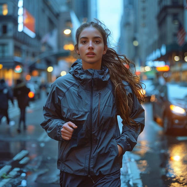 una mujer está caminando bajo la lluvia con su cabello soplando en el viento