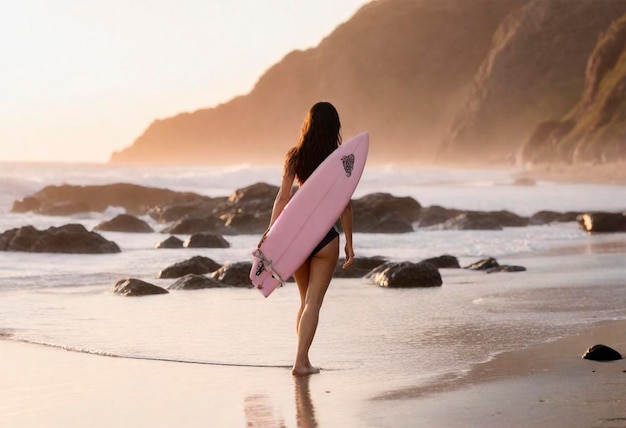una mujer está caminando por la playa con una tabla de surf rosa