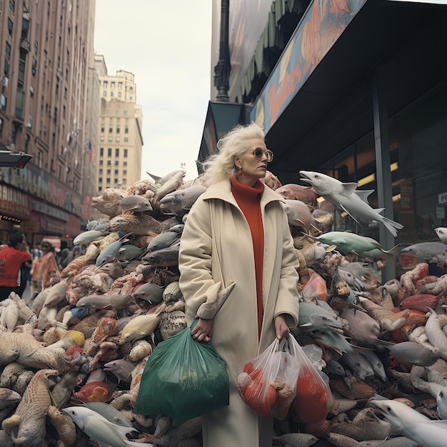 una mujer está caminando a través de una pila de basura