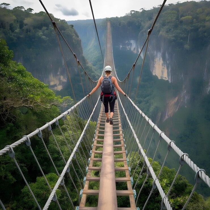una mujer está caminando a través de un puente colgante que está suspendido sobre un río