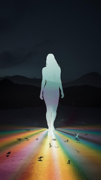 una mujer está caminando en un vestido blanco con la palabra "luz" en él