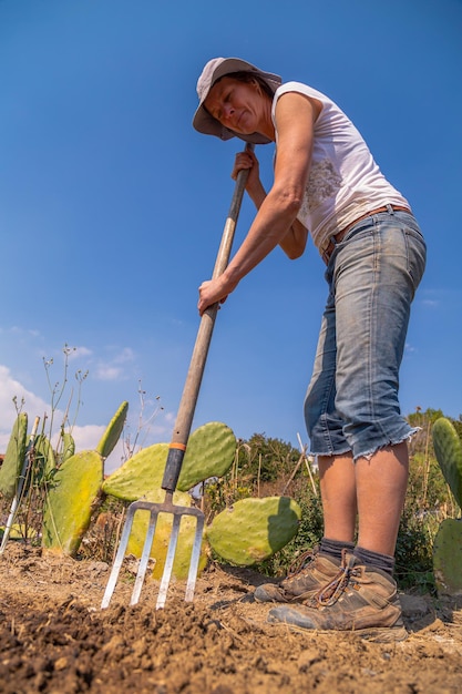 La mujer está cavando el suelo en el lecho de flores