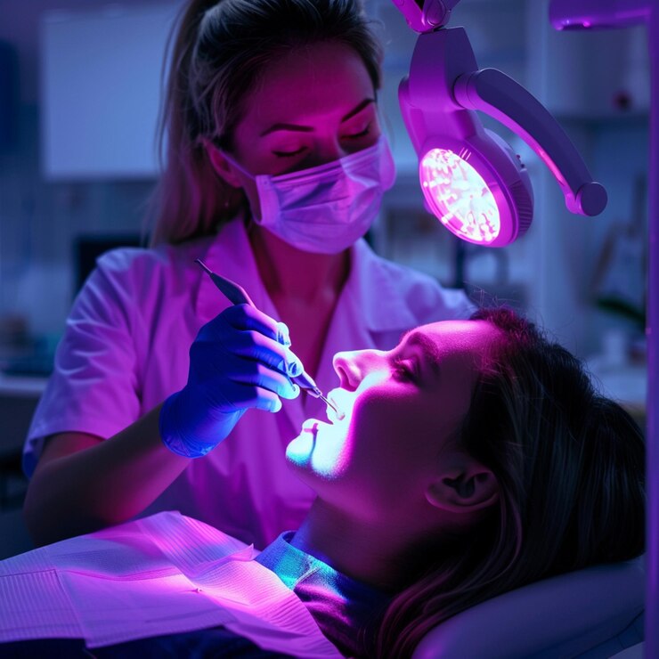 una mujer está en una clínica dental y lleva una camisa blanca