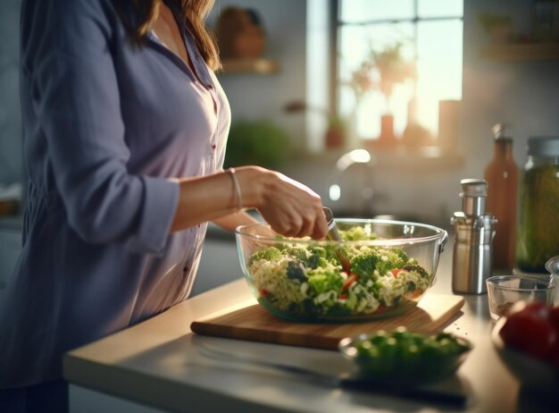 una mujer está cocinando para una familia en su cocina