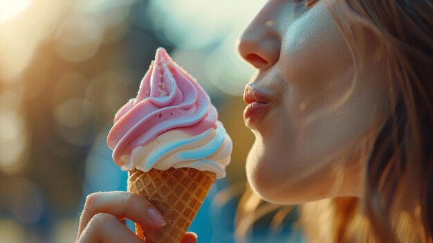 Una mujer está comiendo un cono de helado rosa blanco y azul