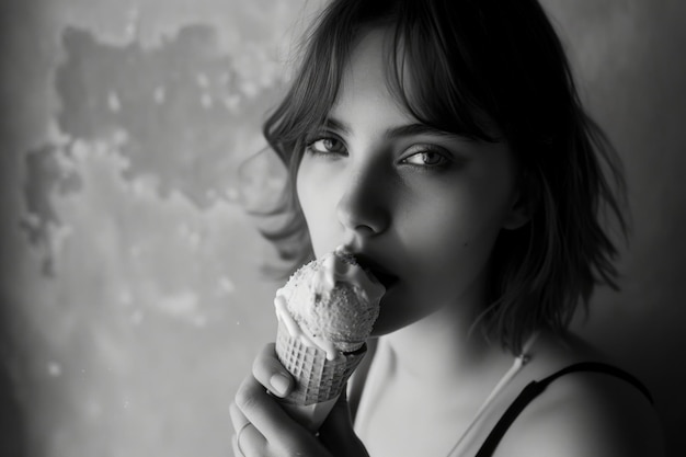 una mujer está comiendo un helado al estilo de negro