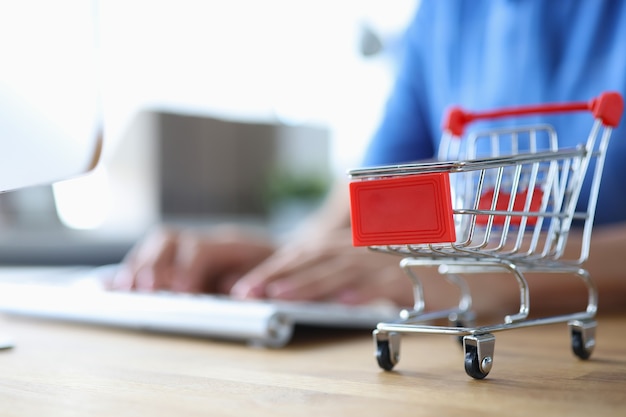 La mujer está comprando en la tienda en línea en casa el concepto de cyber monday y black friday