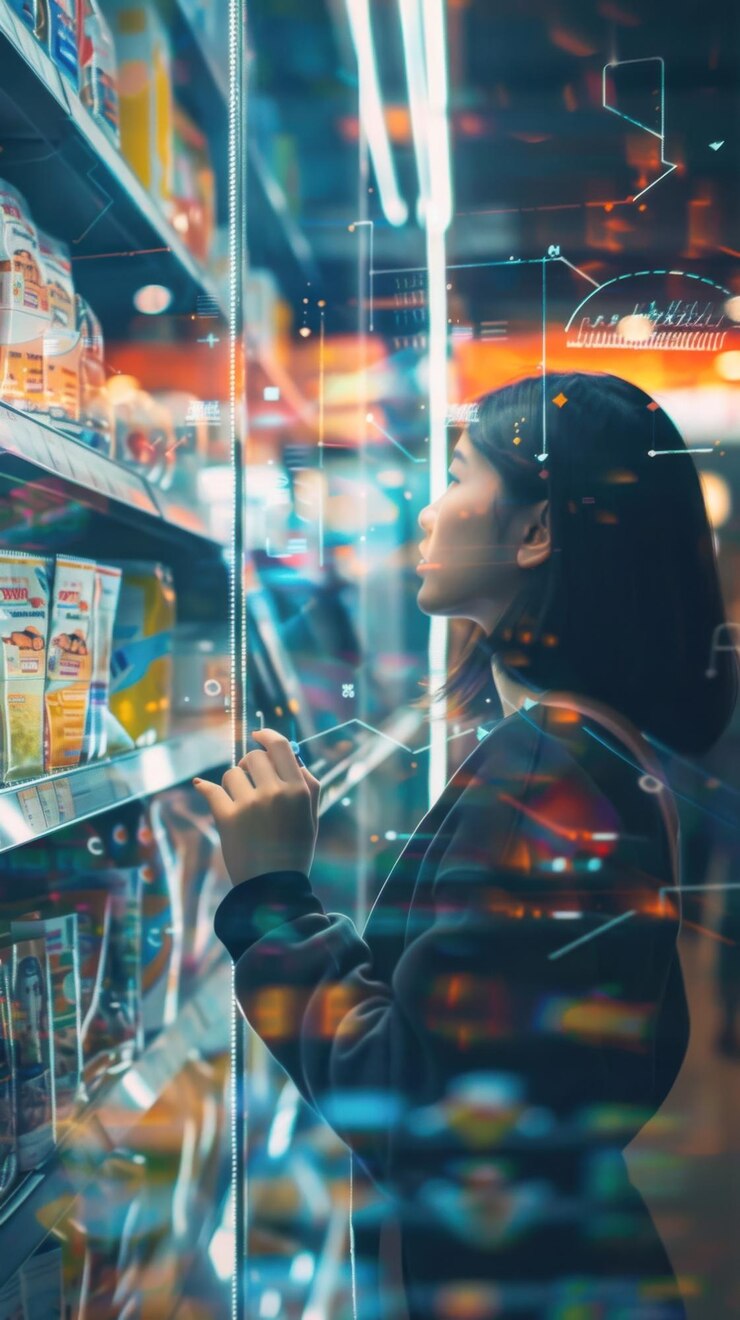 Una mujer está comprando en una tienda con una pantalla digital de los productos de las tiendas