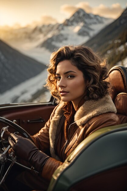 La mujer está conduciendo un coche.