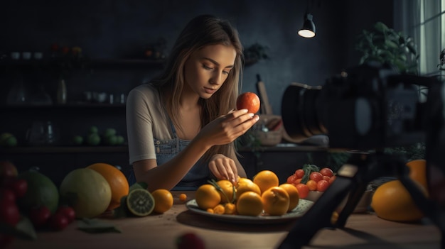 Una mujer está cortando naranjas en un plato en un cuarto oscuro.