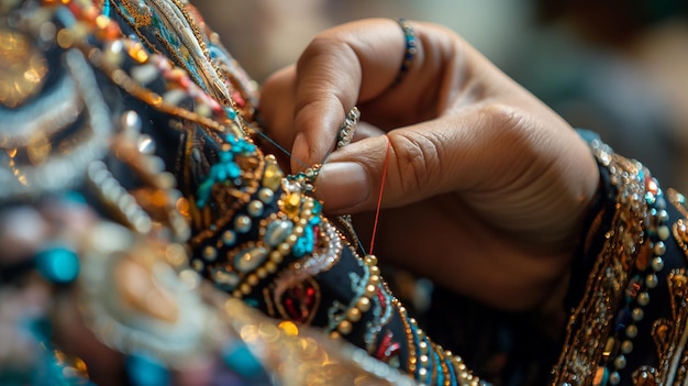 una mujer está cosiendo un montón de cuentas y pulseras