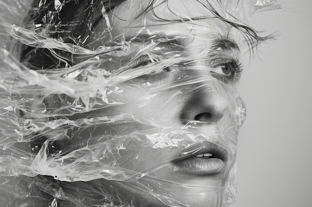 una mujer está cubierta de plástico y mirando algo en el estilo de wetonwet mezclando luz negra y blanca uhd imagen escultura orgánica acrobática autorretratos de alta calidad foto retratos vibrantes