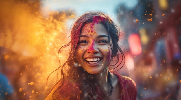 Una mujer está cubierta de polvo de colores y sonríe a la cámara.