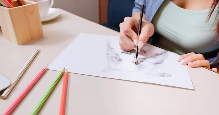 Foto la mujer está dibujando y pintando