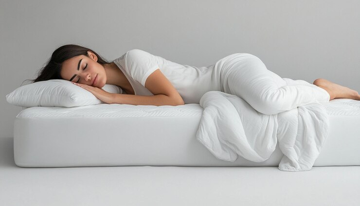una mujer está durmiendo en un sofá blanco con su cabeza en una almohada blanca