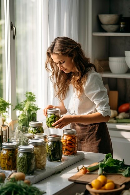 Una mujer está enlatando verduras en la cocina Alimentos de IA generativa