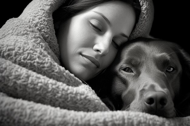 Una mujer está envuelta en una manta y su perro está durmiendo.