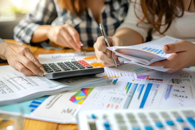 una mujer está escribiendo en una calculadora y el gráfico está en la mesa