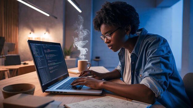 una mujer está escribiendo en una computadora portátil con las palabras código en la pantalla