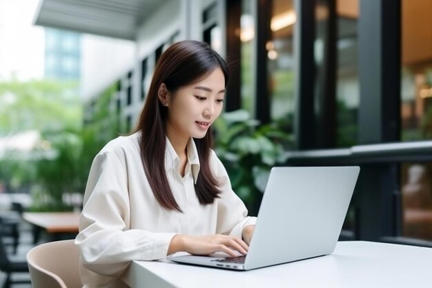 una mujer está escribiendo en una computadora portátil en un vestíbulo